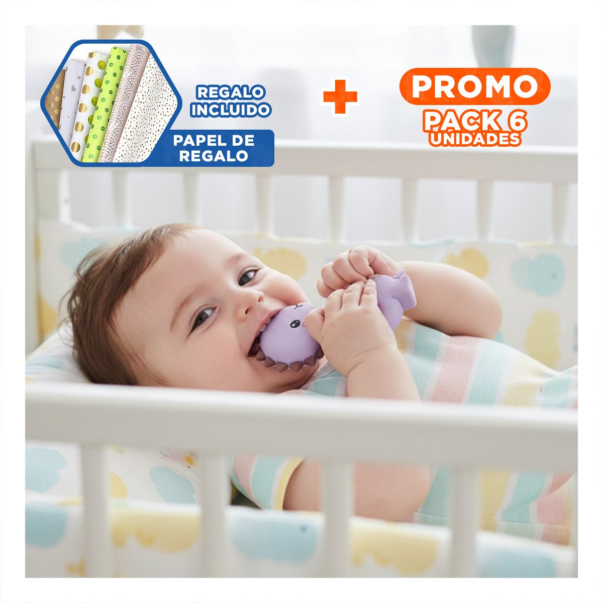 PACK6 RASCADOR SILICONA DISENO DINOSAURIO PARA BEBE LILA CON PUNTA REDONDA Y+PAPEL REGALO - 1