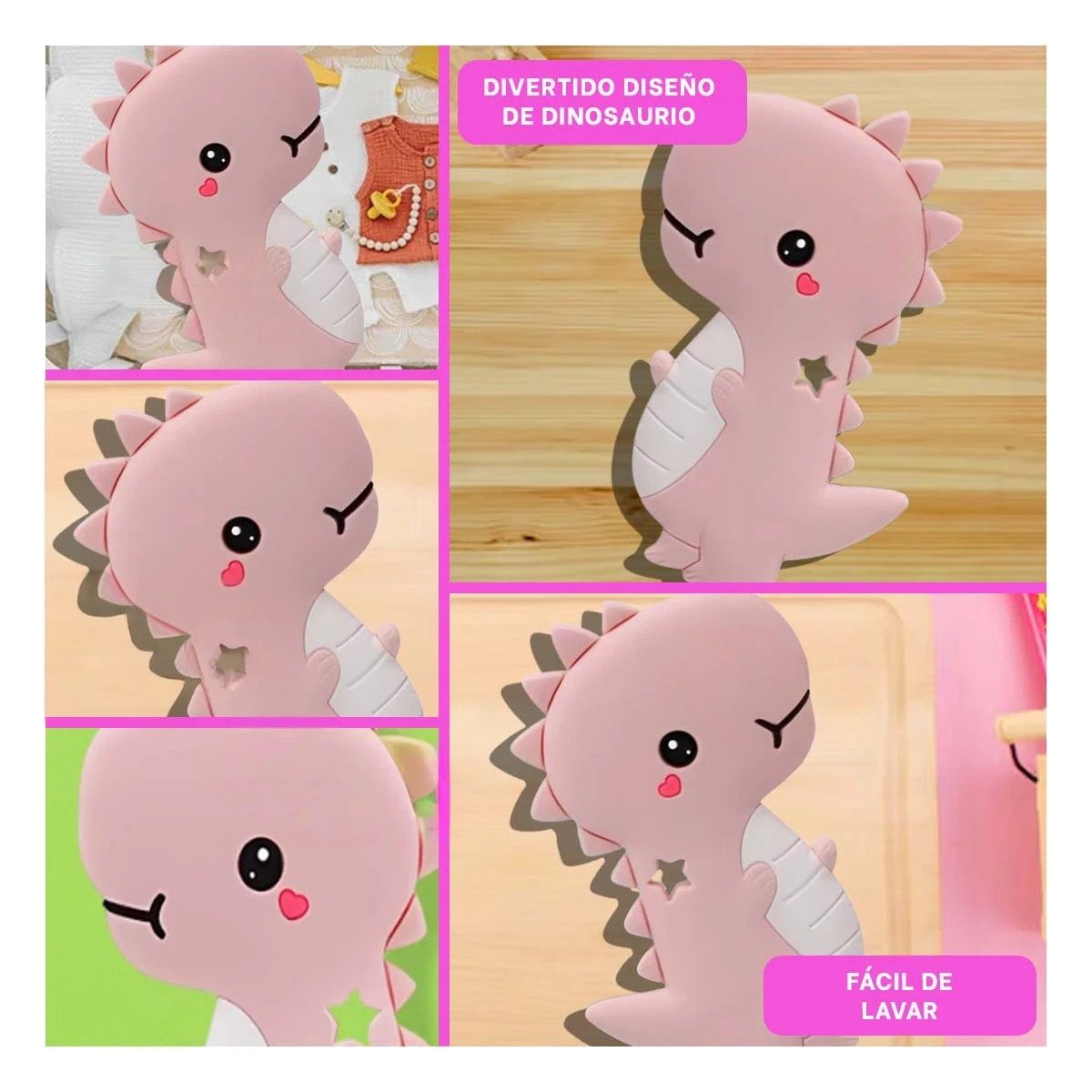 PACK12 JUGUETE SILICONA FORMA DINOSAURIO PARA BEBE ROSADO CON FORMA ANIMAL Y+PAPEL REGALO - 2