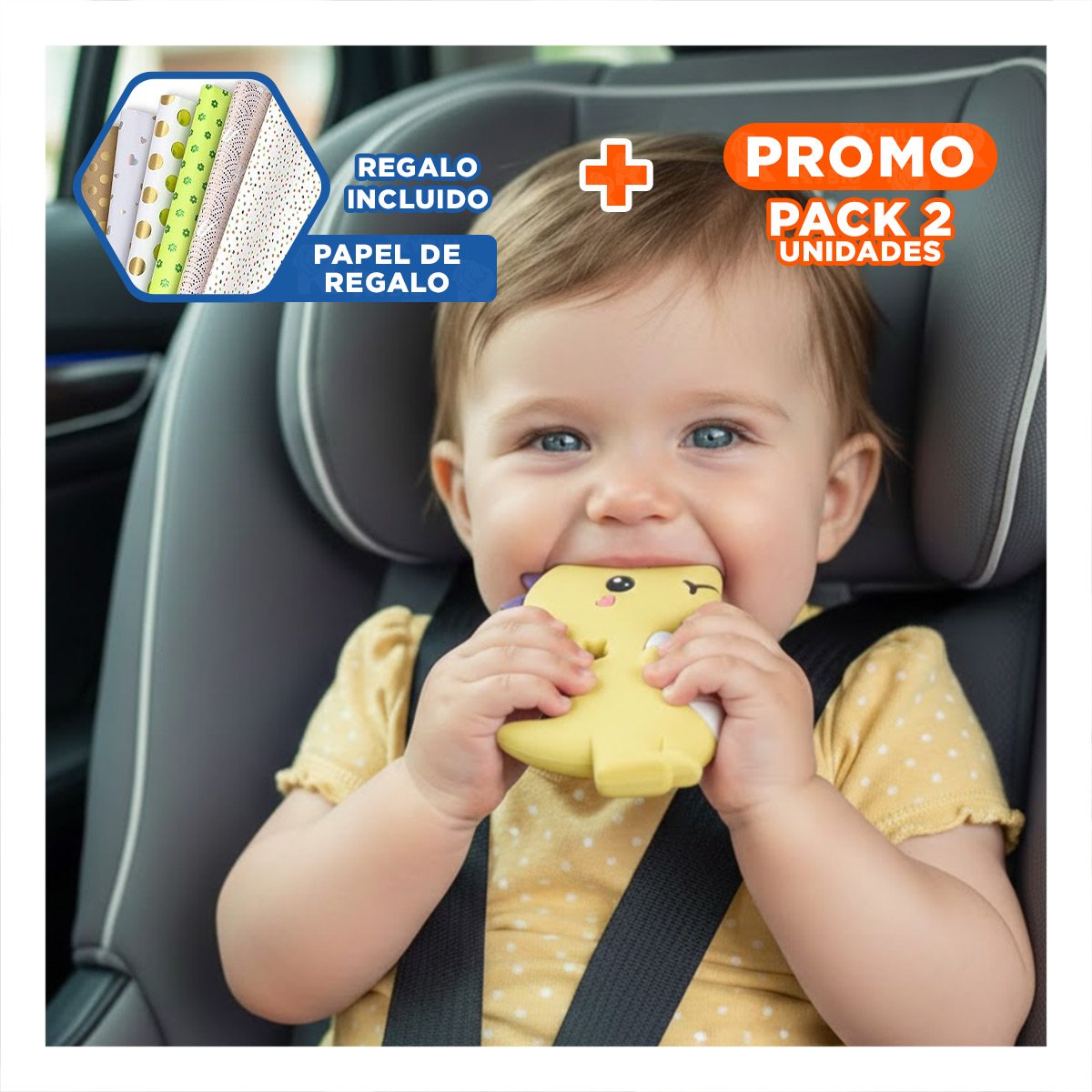 PACK2 JUGUETE SILICONA ESTILO DINOSAURIO PARA BEBE AMARILLO PARA DIENTES Y+PAPEL REGALO - 1