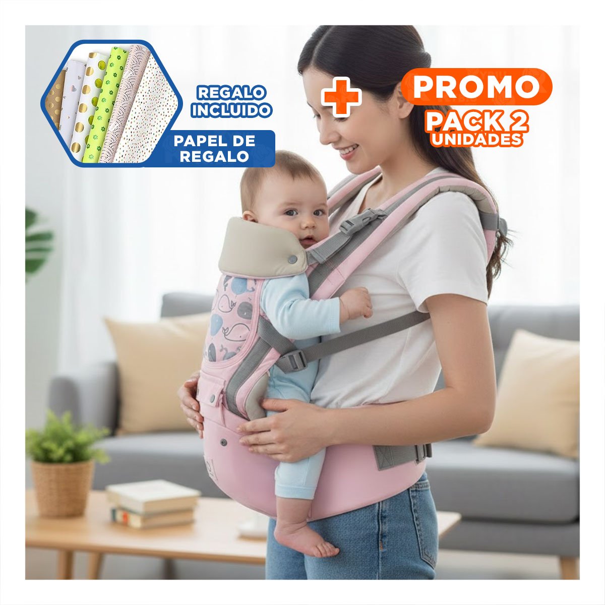PACK2 ASIENTO PORTABEBE MODELO BALLENITA PARA BEBE ROSADO DE CINTURA COMODA Y+PAPEL REGALO - 1