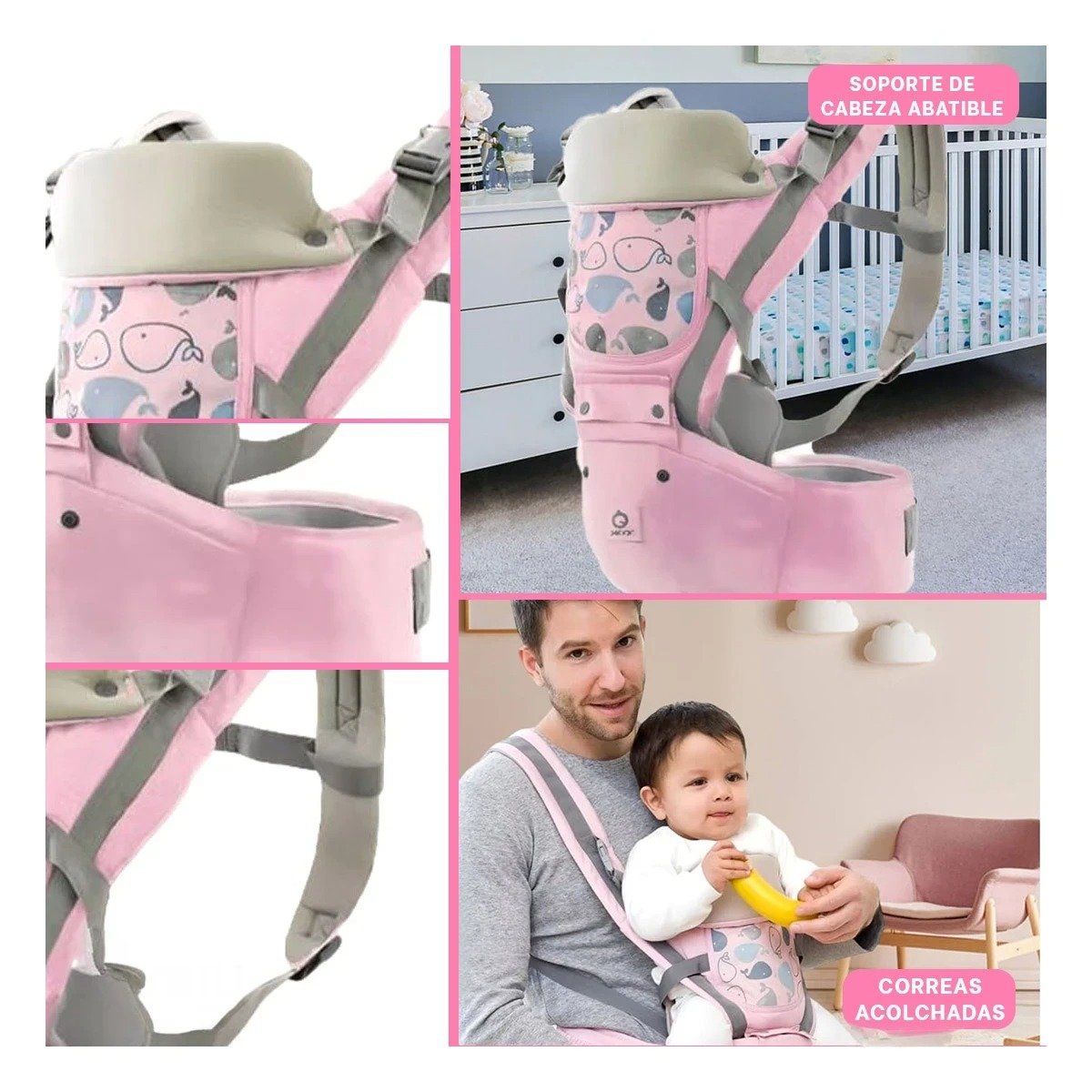 PACK2 ASIENTO PORTABEBE MODELO BALLENITA PARA BEBE ROSADO DE CINTURA COMODA Y+PAPEL REGALO - 3