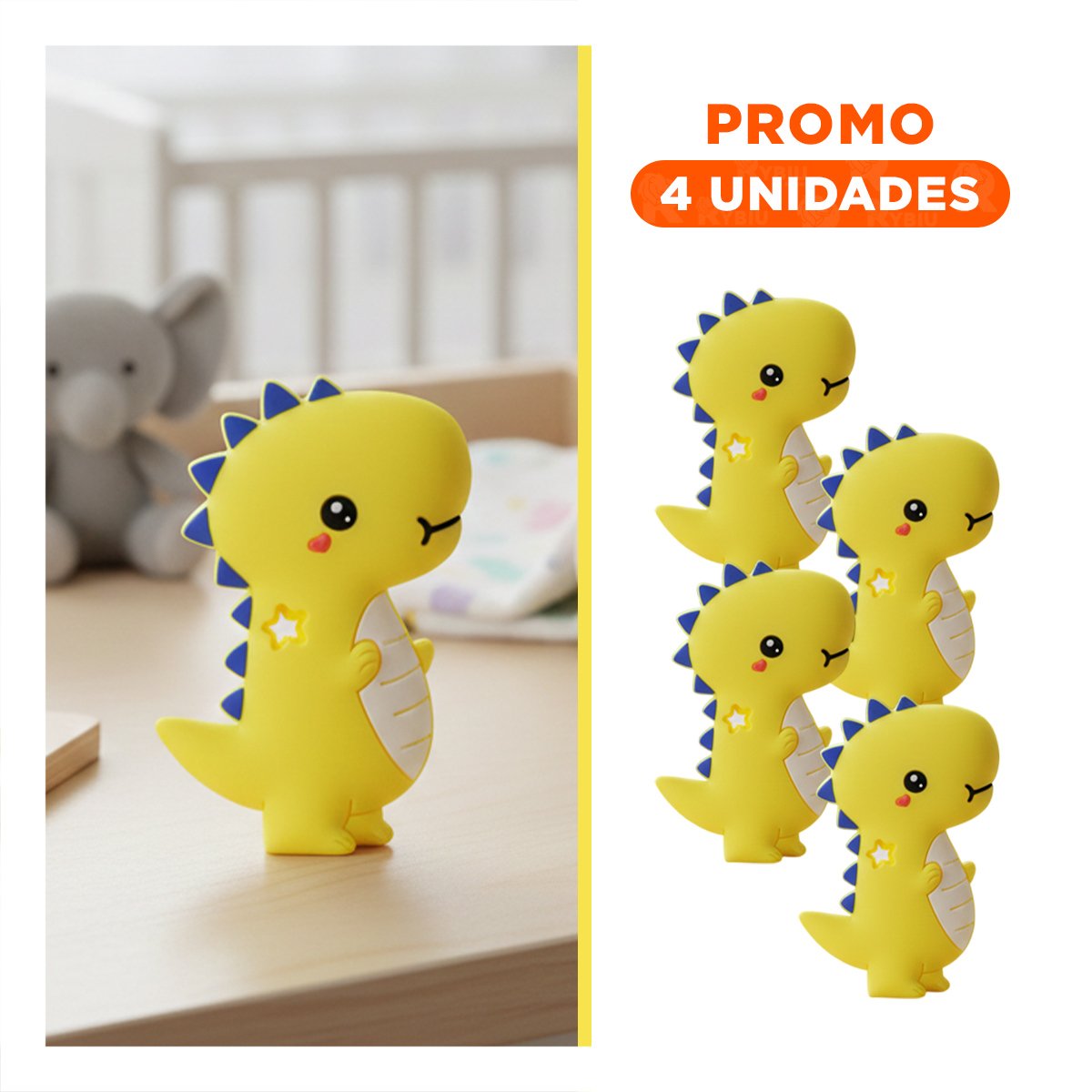 PACK4 ACCESORIO SILICONA ESTILO DINOSAURIO PARA BEBE AMARILLO SUAVE Y+REGALO STICKER - 1