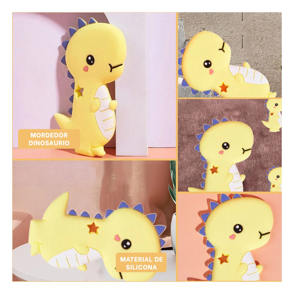 PACK4 ACCESORIO SILICONA ESTILO DINOSAURIO PARA BEBE AMARILLO SUAVE Y+REGALO STICKER - 2