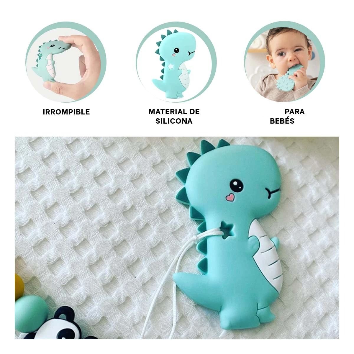 PACK12 ACCESORIO SILICONA MODELO DINOSAURIO PARA BEBE VERDE PARA MASAJE BUCAL - 5