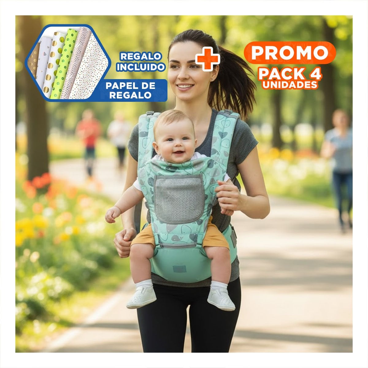 PACK4 PORTABEBE CANGURO FORMA BALLENITA PARA BEBE VERDE CON DISENO MODERNO Y+PAPEL REGALO - 1