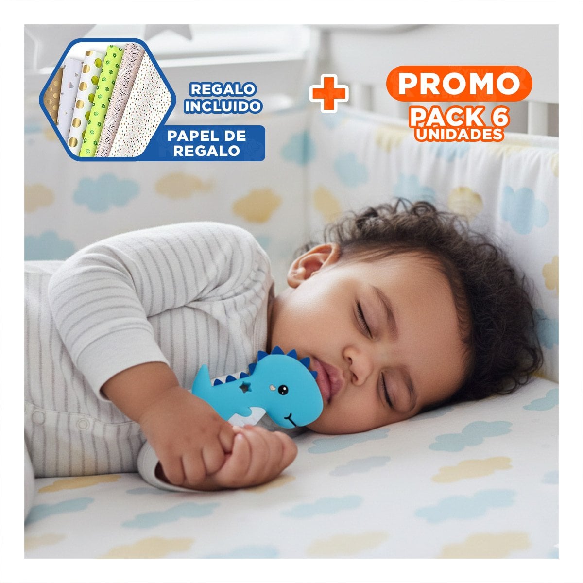 PACK6 MORDEDOR SILICONA ESTILO DINOSAURIO PARA BEBE AZUL DE PRACTICO TAMANO Y+PAPEL REGALO - 1