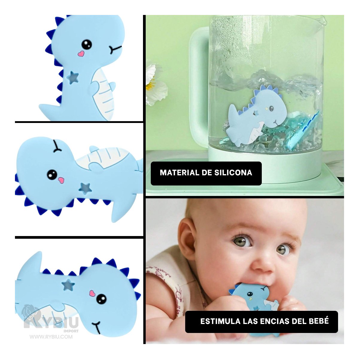 PACK6 MORDEDOR SILICONA ESTILO DINOSAURIO PARA BEBE AZUL DE PRACTICO TAMANO Y+PAPEL REGALO - 3
