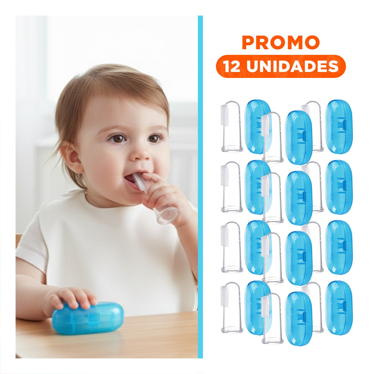 PACK12 MASAJEADOR ENCIAS ESTILO DEDAL PARA BEBE CON ESTUCHE AZUL PARA DIENTES Y+REGALO STICKER - 1