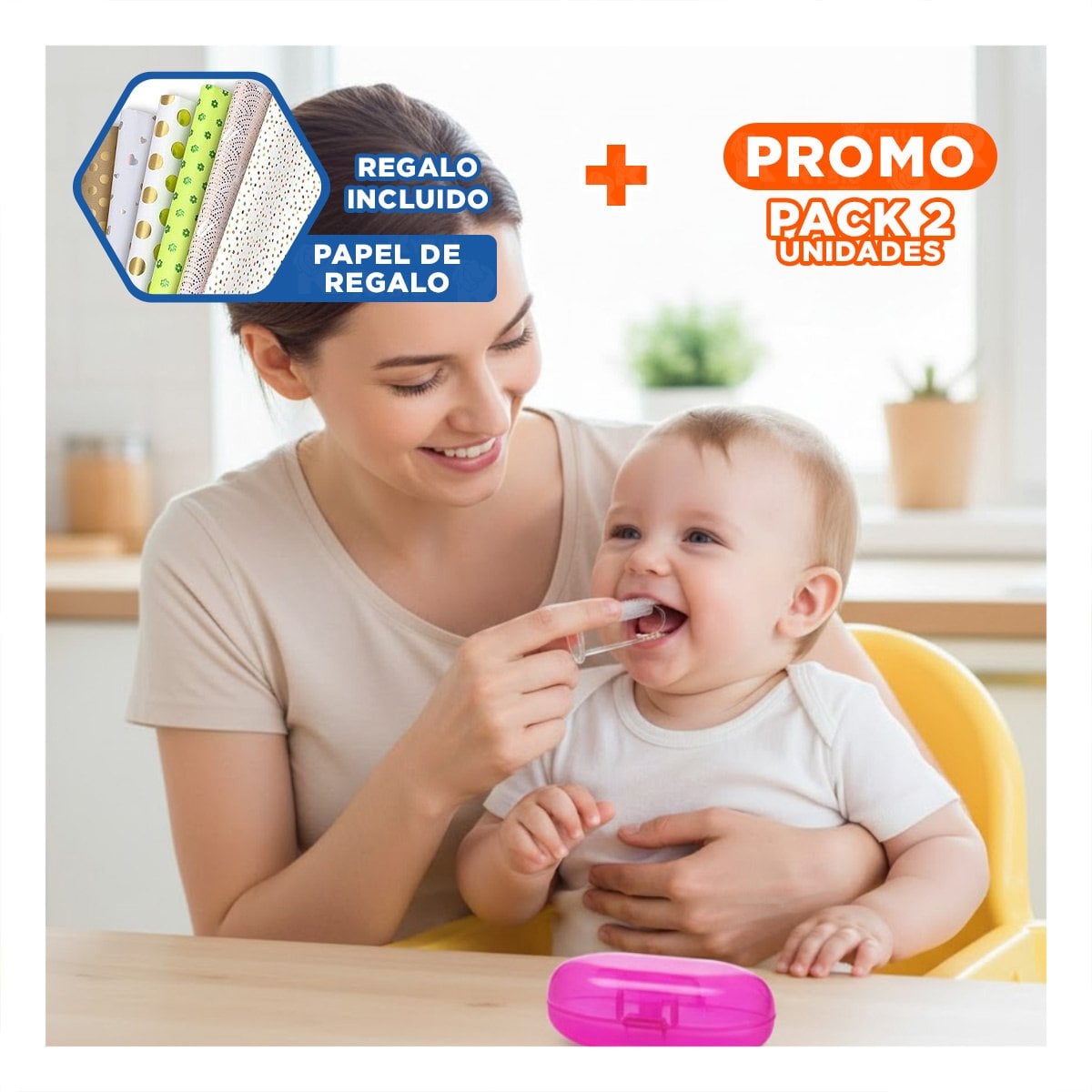 PACK2 CUIDADO BUCAL MODELO DEDAL PARA BEBE CON ESTUCHE ROSA DE PRACTICIDAD Y+PAPEL REGALO - 1