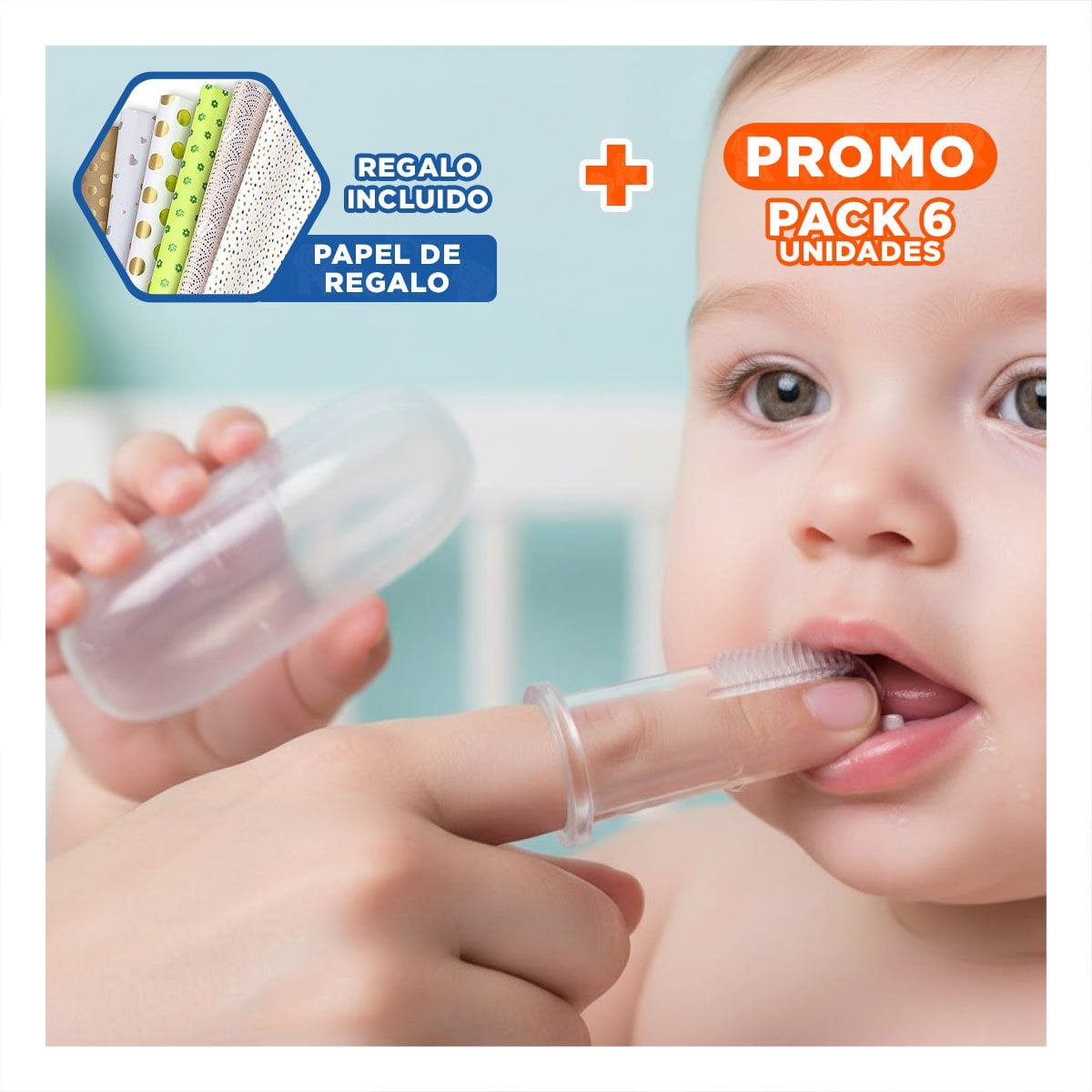 PACK6 CEPILLO SILICONA MODELO DEDAL PARA BEBE CON ESTUCHE DE COMODIDAD Y+PAPEL REGALO - 1