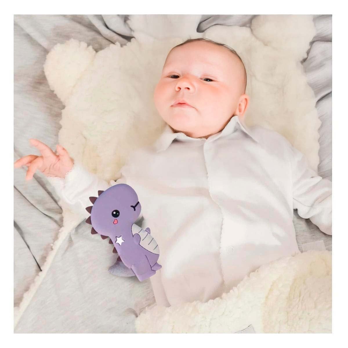 PACK12 JUGUETE SILICONA FORMA DINOSAURIO PARA BEBE LILA CON FORMA ANIMAL Y+PAPEL REGALO - 3