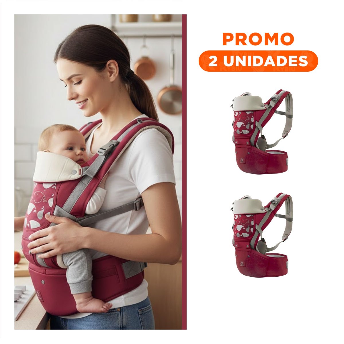 PACK2 CARGADOR DE BEBE MODELO BALLENITA 3 EN 1 GUINDA CON REPOSACABEZA COMODO - 1