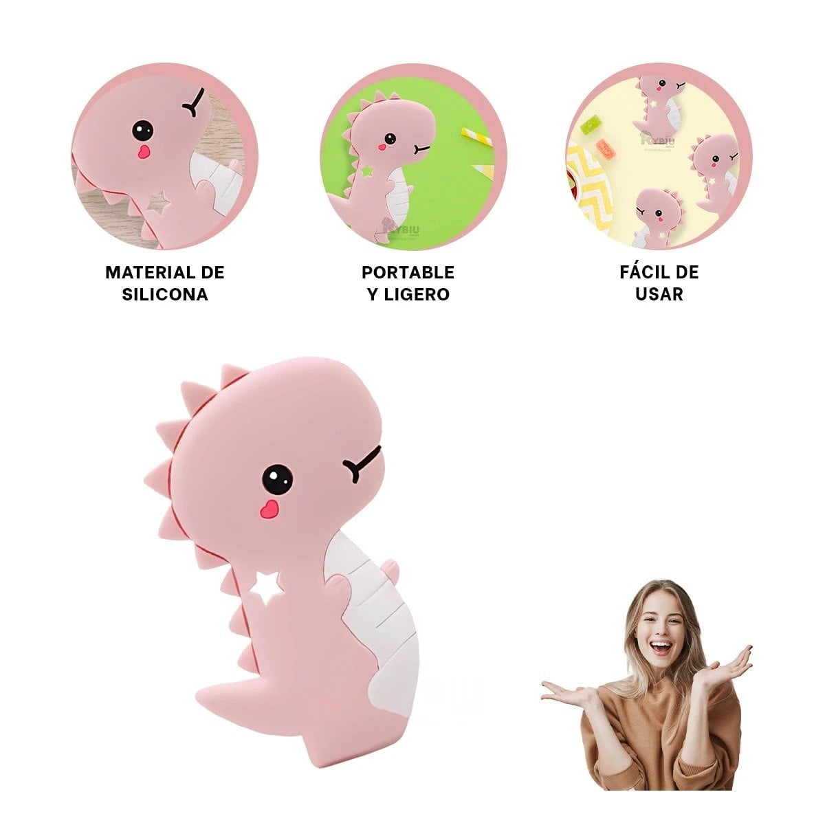 PACK6 MORDEDOR SILICONA ESTILO DINOSAURIO PARA BEBE ROSADO DE PRACTICO TAMANO Y+REGALO STICKER - 2