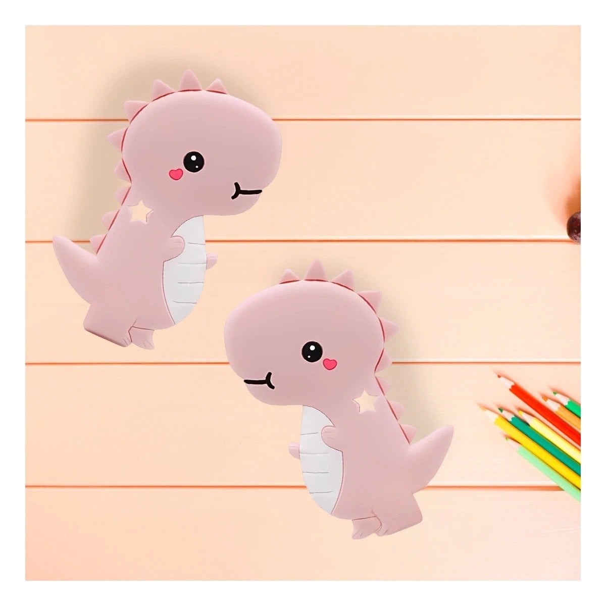 PACK6 MORDEDOR SILICONA ESTILO DINOSAURIO PARA BEBE ROSADO DE PRACTICO TAMANO Y+REGALO STICKER - 5