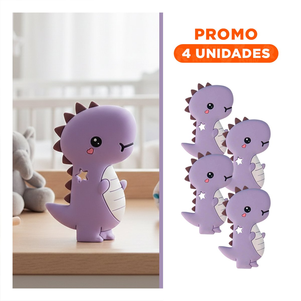 PACK4 JUGUETE SILICONA MODELO DINOSAURIO PARA BEBE LILA DE RESISTENCIA ALTA Y+REGALO STICKER - 1