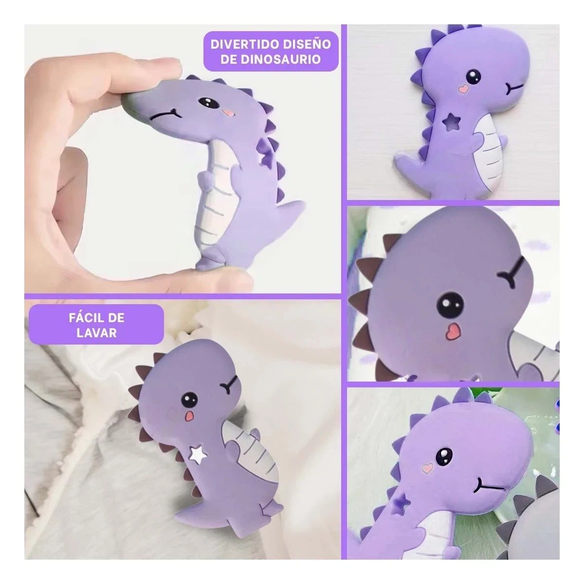 PACK4 JUGUETE SILICONA MODELO DINOSAURIO PARA BEBE LILA DE RESISTENCIA ALTA Y+REGALO STICKER - 2