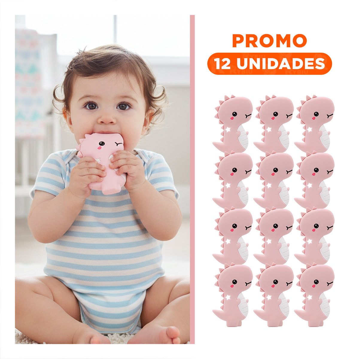 PACK12 LIMPIADOR SILICONA DISENO DINOSAURIO PARA BEBE ROSADO DE GOMA Y+REGALO STICKER - 1