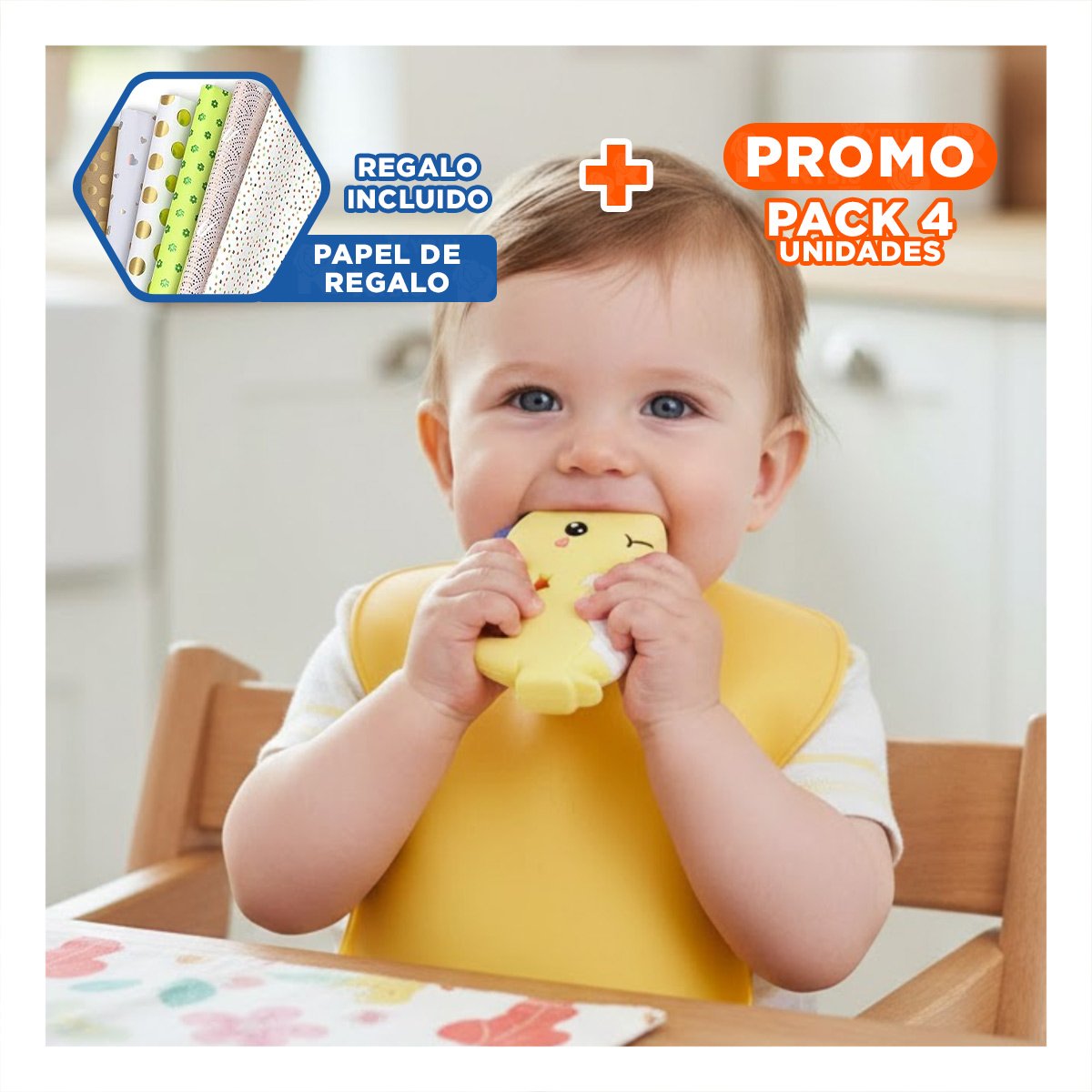 PACK4 MORDEDOR SILICONA DISENO DINOSAURIO PARA BEBE AMARILLO PARA USO PROLONGADO Y+PAPEL REGALO - 1