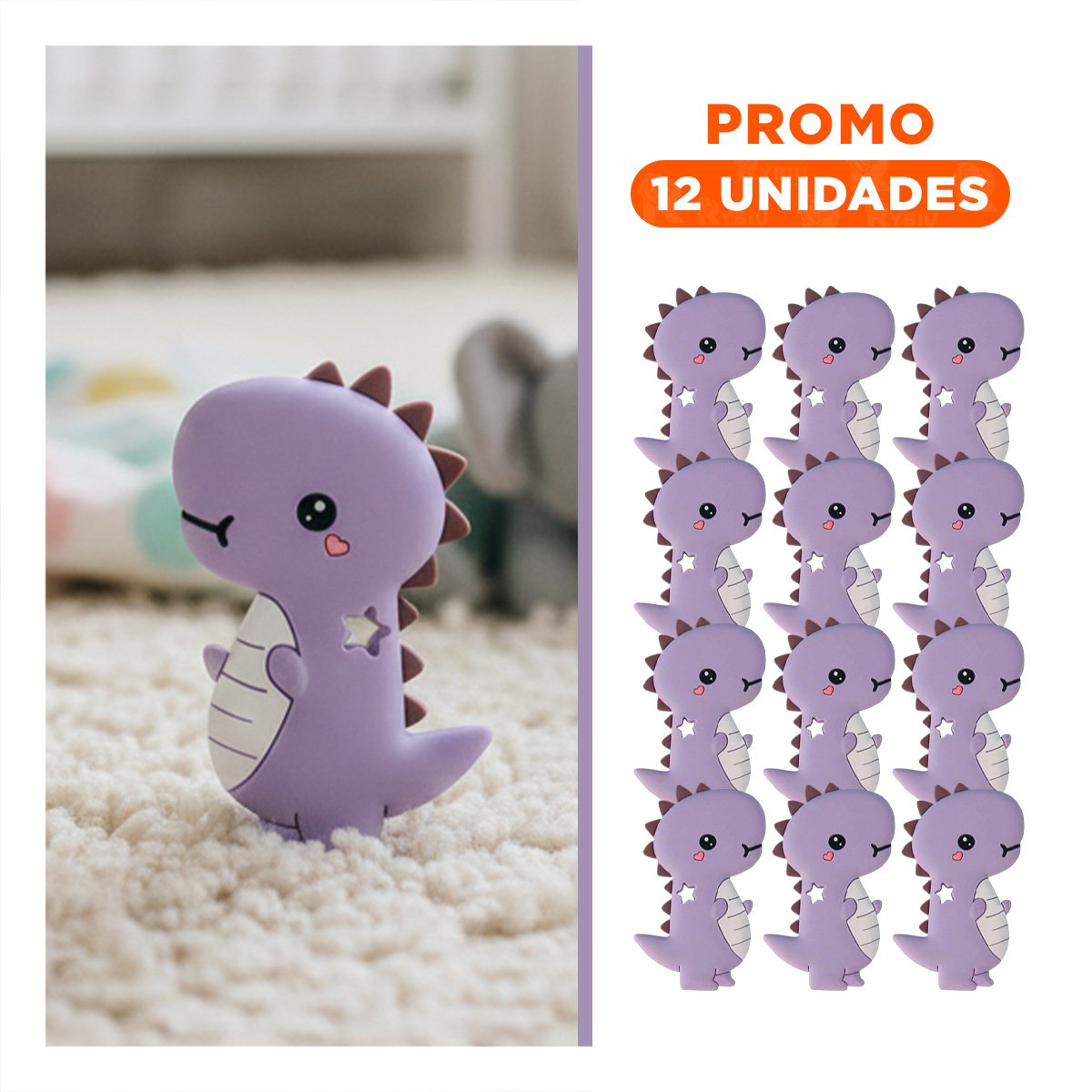 PACK12 LIMPIADOR SILICONA DISENO DINOSAURIO PARA BEBE LILA DE GOMA RESISTENTE Y+REGALO STICKER - 1