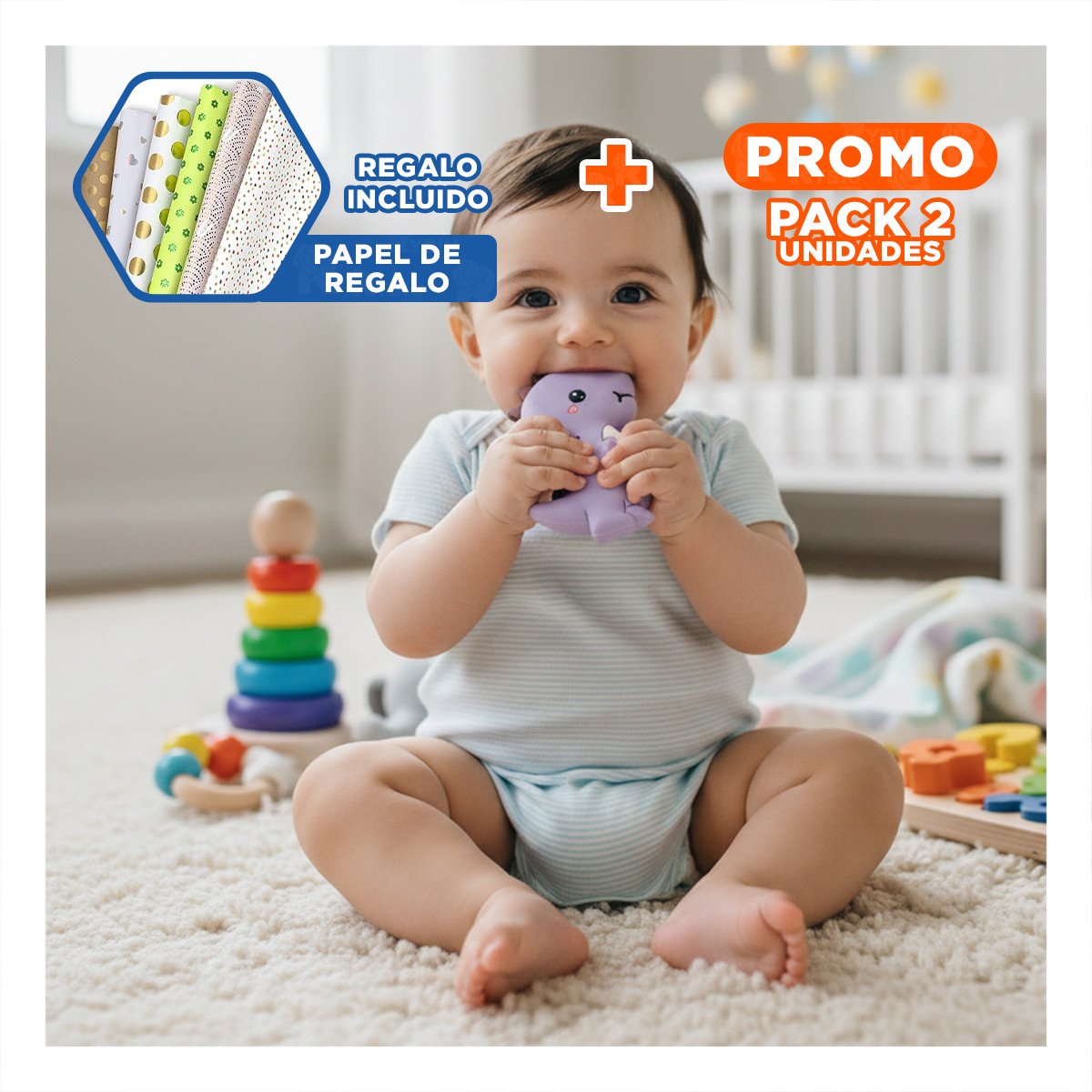 PACK2 LIMPIADOR SILICONA MODELO DINOSAURIO PARA BEBE LILA CON AGARRE SEGURO Y+PAPEL REGALO - 1