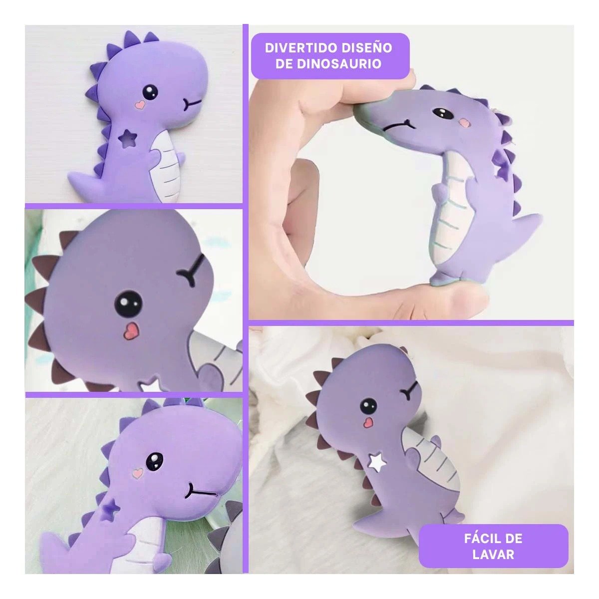 PACK2 LIMPIADOR SILICONA MODELO DINOSAURIO PARA BEBE LILA CON AGARRE SEGURO Y+PAPEL REGALO - 3