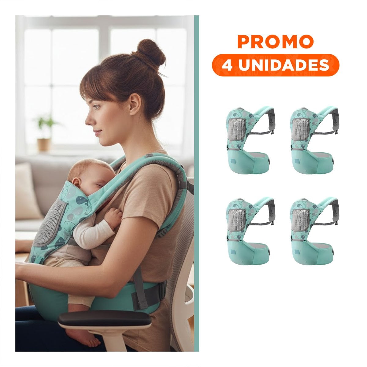PACK4 CANGURO ERGONOMICO DISENO BALLENITA PARA BEBE VERDE PARA CARGA SEGURA Y+REGALO STICKER - 1