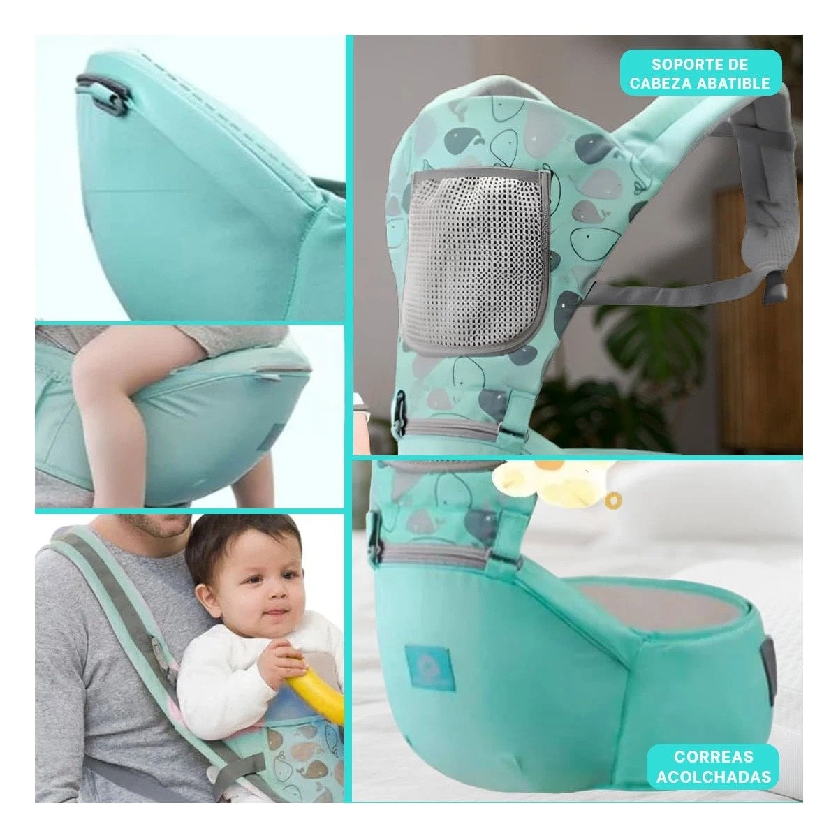 PACK4 CANGURO ERGONOMICO DISENO BALLENITA PARA BEBE VERDE PARA CARGA SEGURA Y+REGALO STICKER - 2