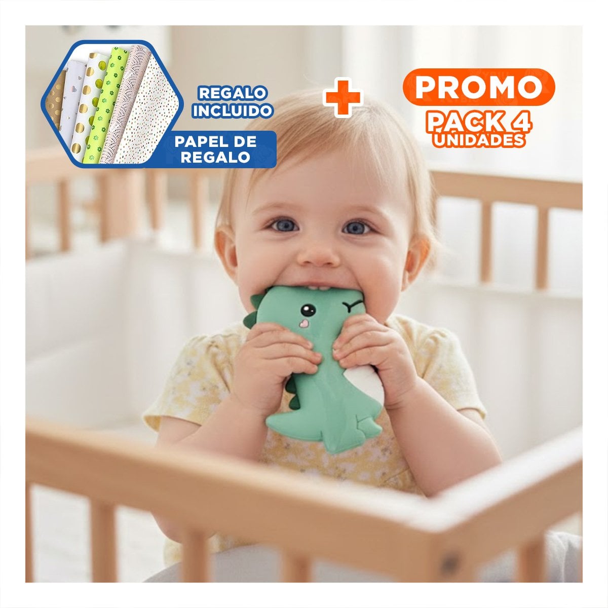 PACK4 ACCESORIO SILICONA ESTILO DINOSAURIO PARA BEBE VERDE CON ACABADO SUAVE Y+PAPEL REGALO - 1