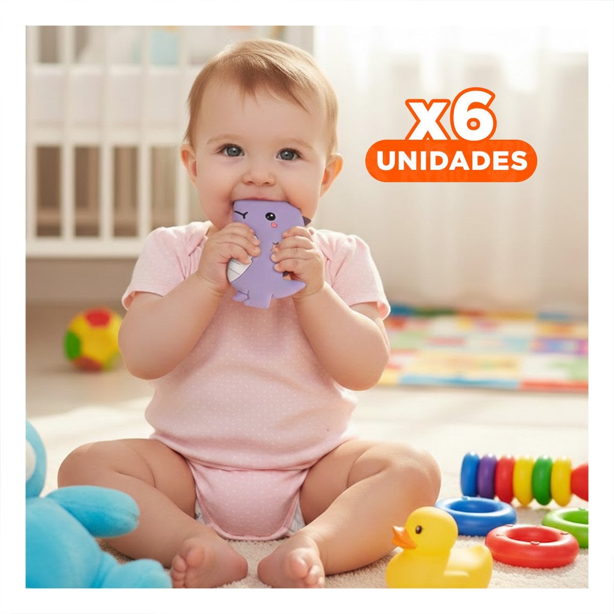 PACK6 MORDEDOR SILICONA ESTILO DINOSAURIO PARA BEBE LILA DE PRACTICO TAMANO Y+REGALO STICKER - 1