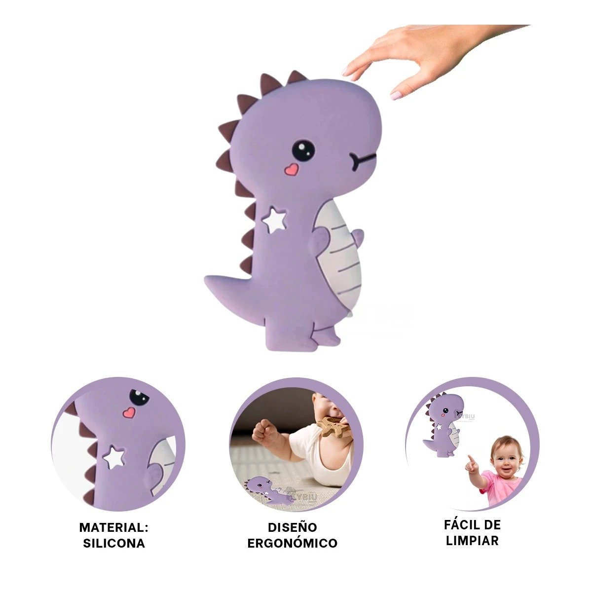 PACK6 MORDEDOR SILICONA ESTILO DINOSAURIO PARA BEBE LILA DE PRACTICO TAMANO Y+REGALO STICKER - 2