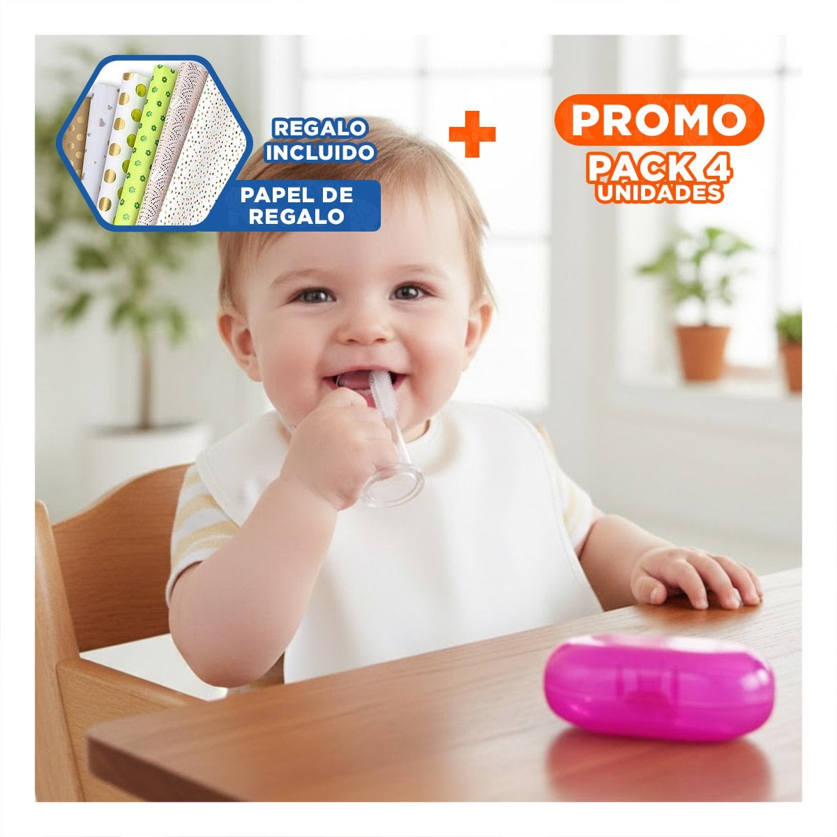 PACK4 CEPILLO SILICONA ESTILO DEDAL PARA BEBE CON ESTUCHE ROSA PARA JUGAR Y+PAPEL REGALO - 1