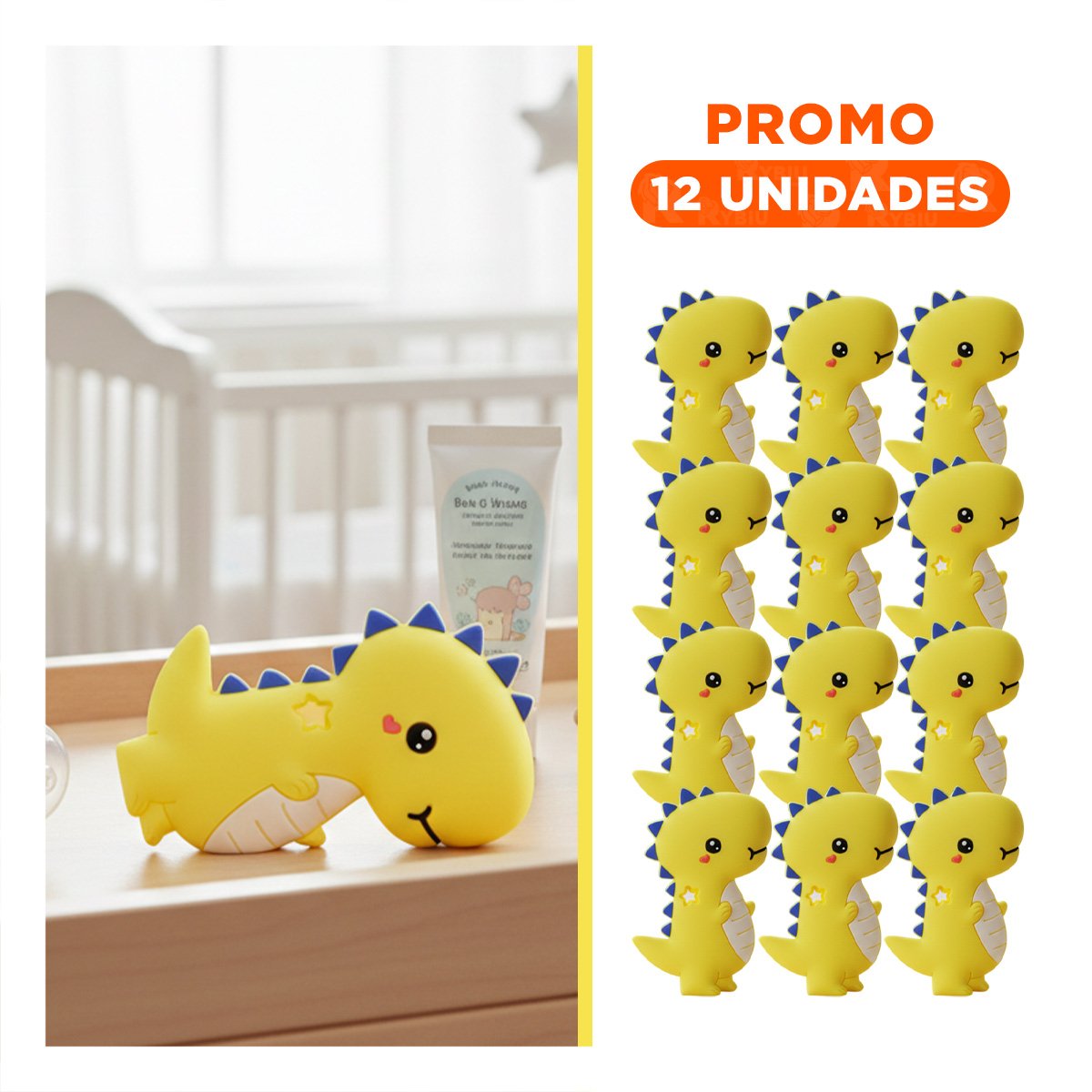 PACK12 JUGUETE SILICONA FORMA DINOSAURIO PARA BEBE AMARILLO CON FORMA ANIMAL Y+REGALO STICKER - 1