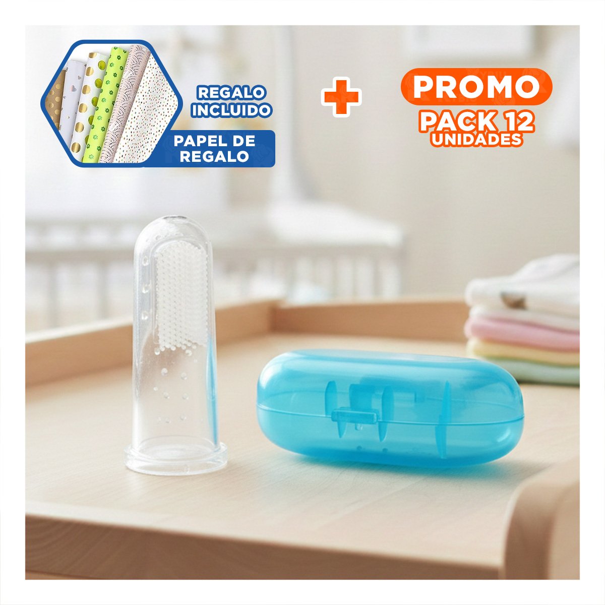 PACK12 CUIDADO DENTAL DISENO DEDAL PARA BEBE CON ESTUCHE AZUL CON CALMA Y+PAPEL REGALO - 1