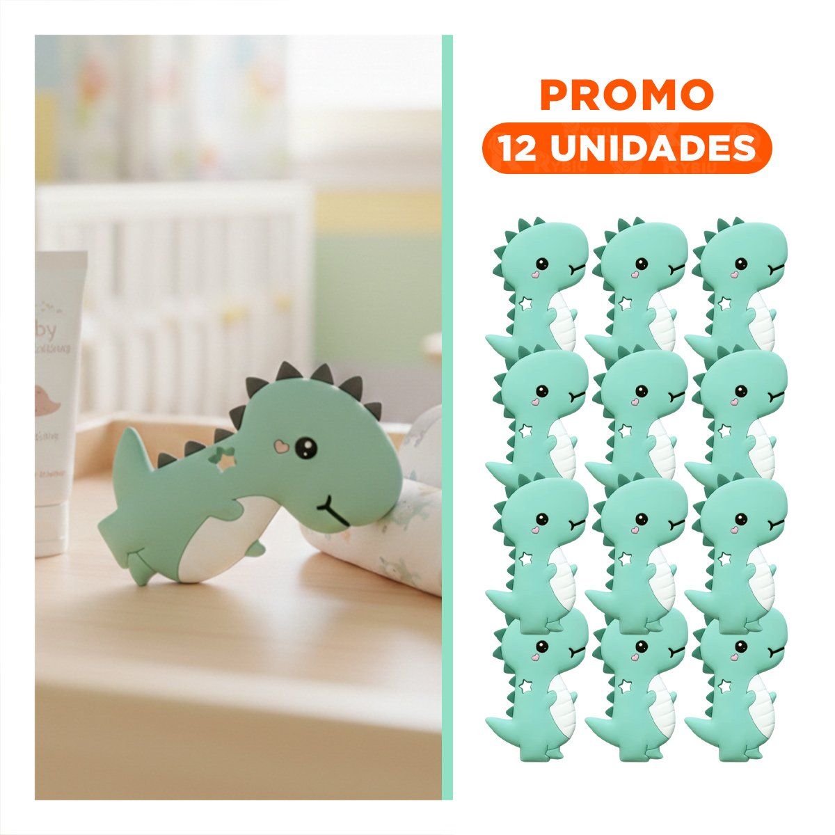 PACK12 LIMPIADOR SILICONA DISENO DINOSAURIO PARA BEBE VERDE DE GOMA RESISTENTE Y+REGALO STICKER - 1