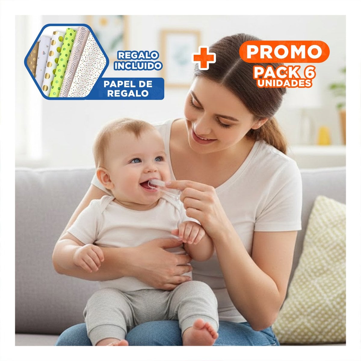 PACK6 MASAJEADOR BUCAL DISENO DEDAL PARA BEBE CON ESTUCHE ROSA PARA USO Y+PAPEL REGALO - 1