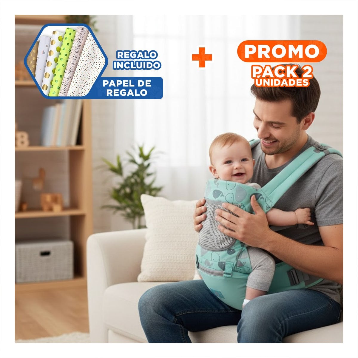PACK2 MOCHILA PORTABEBE DISENO BALLENITA PARA BEBE VERDE PARA PASEO DIARIO Y+PAPEL REGALO - 1