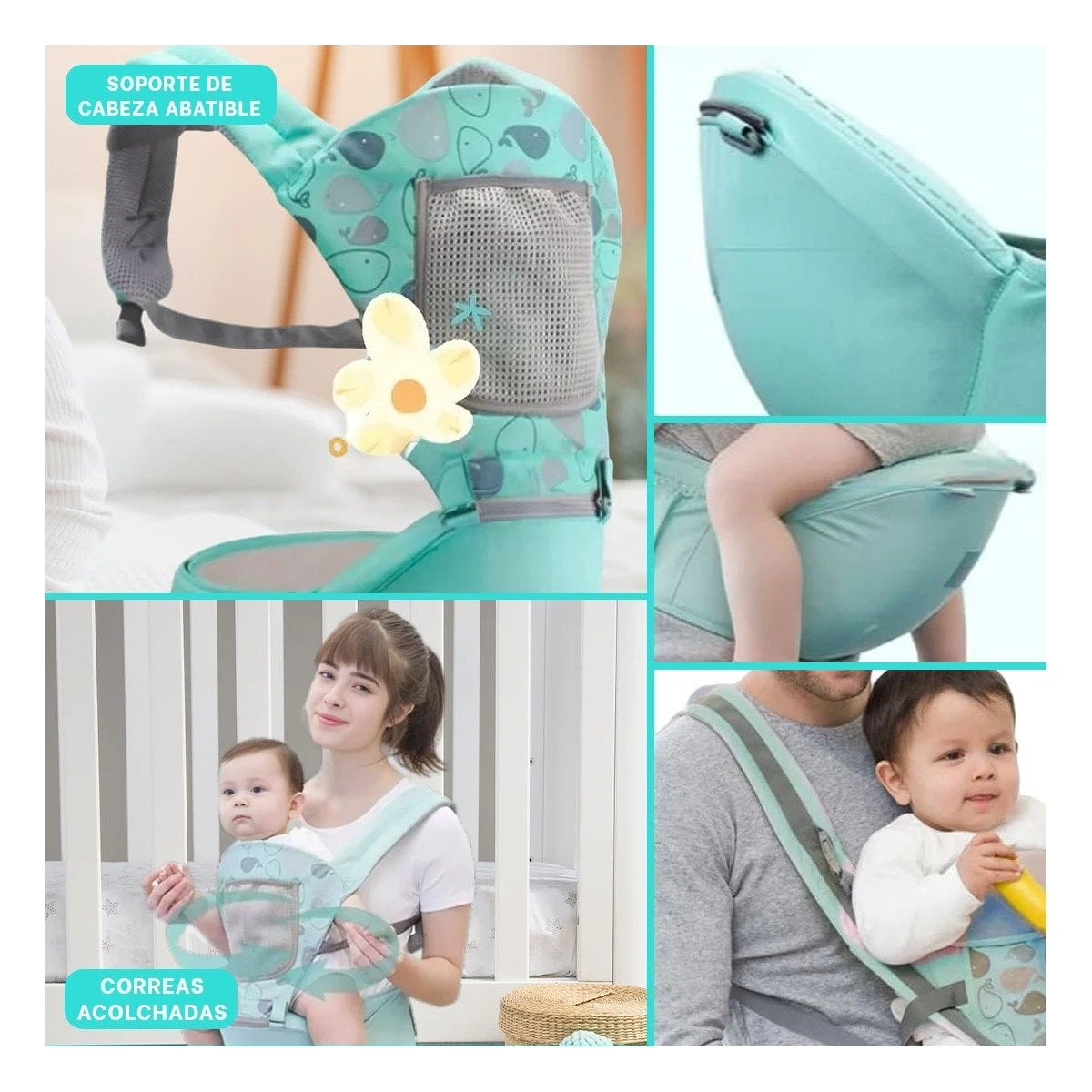 PACK2 MOCHILA PORTABEBE DISENO BALLENITA PARA BEBE VERDE PARA PASEO DIARIO Y+PAPEL REGALO - 3