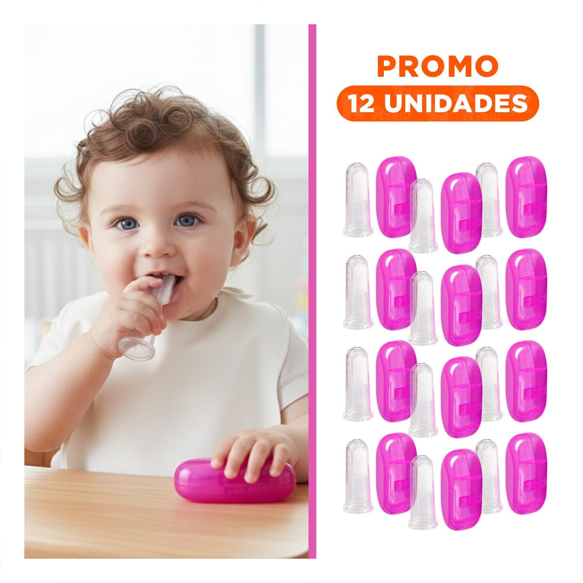 PACK12 CUIDADO DENTAL DISENO DEDAL PARA BEBE CON ESTUCHE ROSA CON CALMA Y+REGALO STICKER - 1