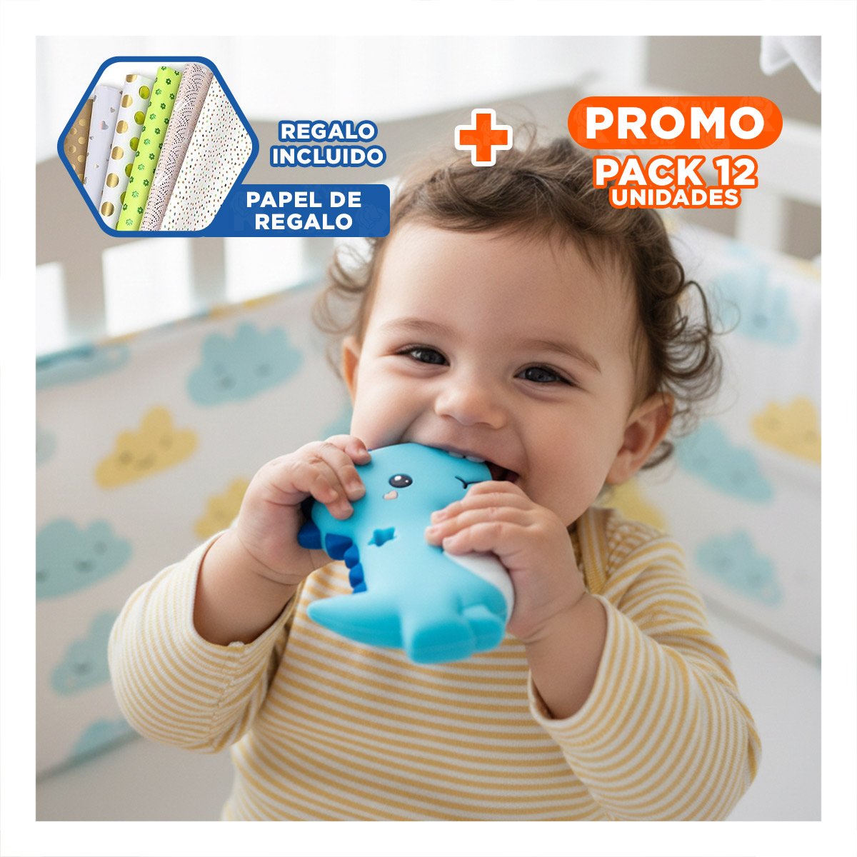 PACK12 LIMPIADOR SILICONA DISENO DINOSAURIO PARA BEBE AZUL DE GOMA RESISTENTE Y+PAPEL REGALO - 1