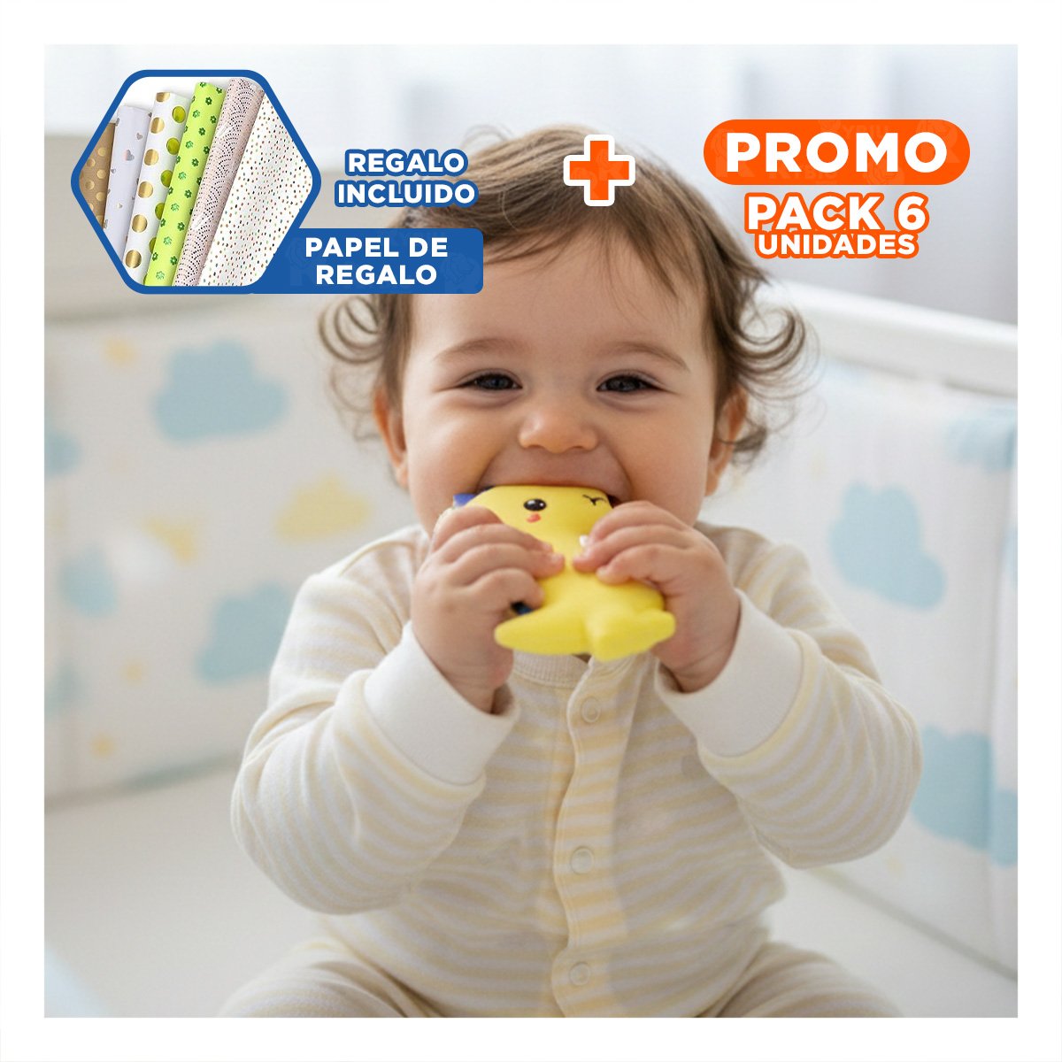 PACK6 LIMPIADOR SILICONA FORMA DINOSAURIO PARA BEBE AMARILLO PARA CUIDADO DIARIO Y+PAPEL REGALO - 1