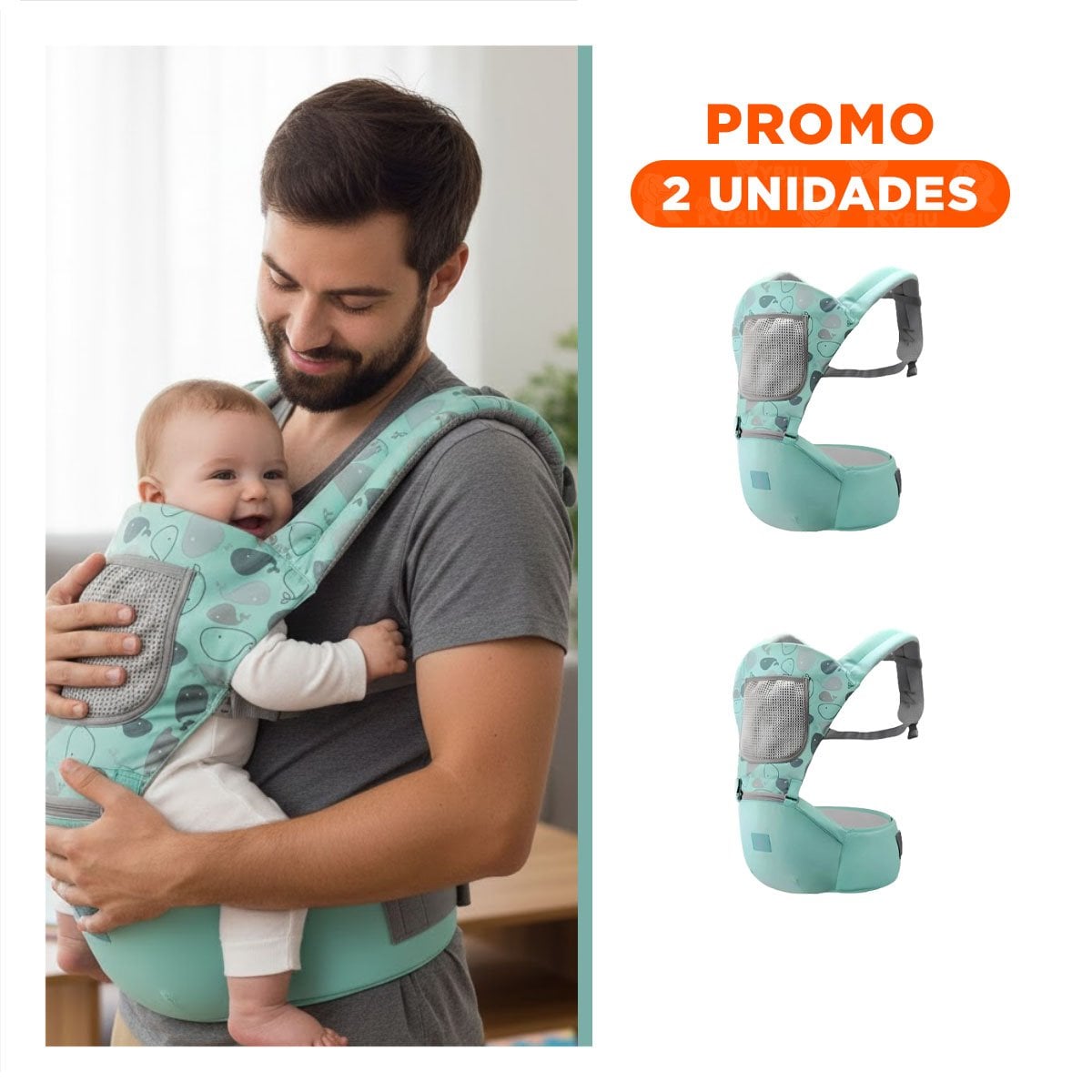 PACK2 CANGURO ERGONOMICO FORMA BALLENITA PARA BEBE VERDE DE ESTRUCTURA FIRME - 1