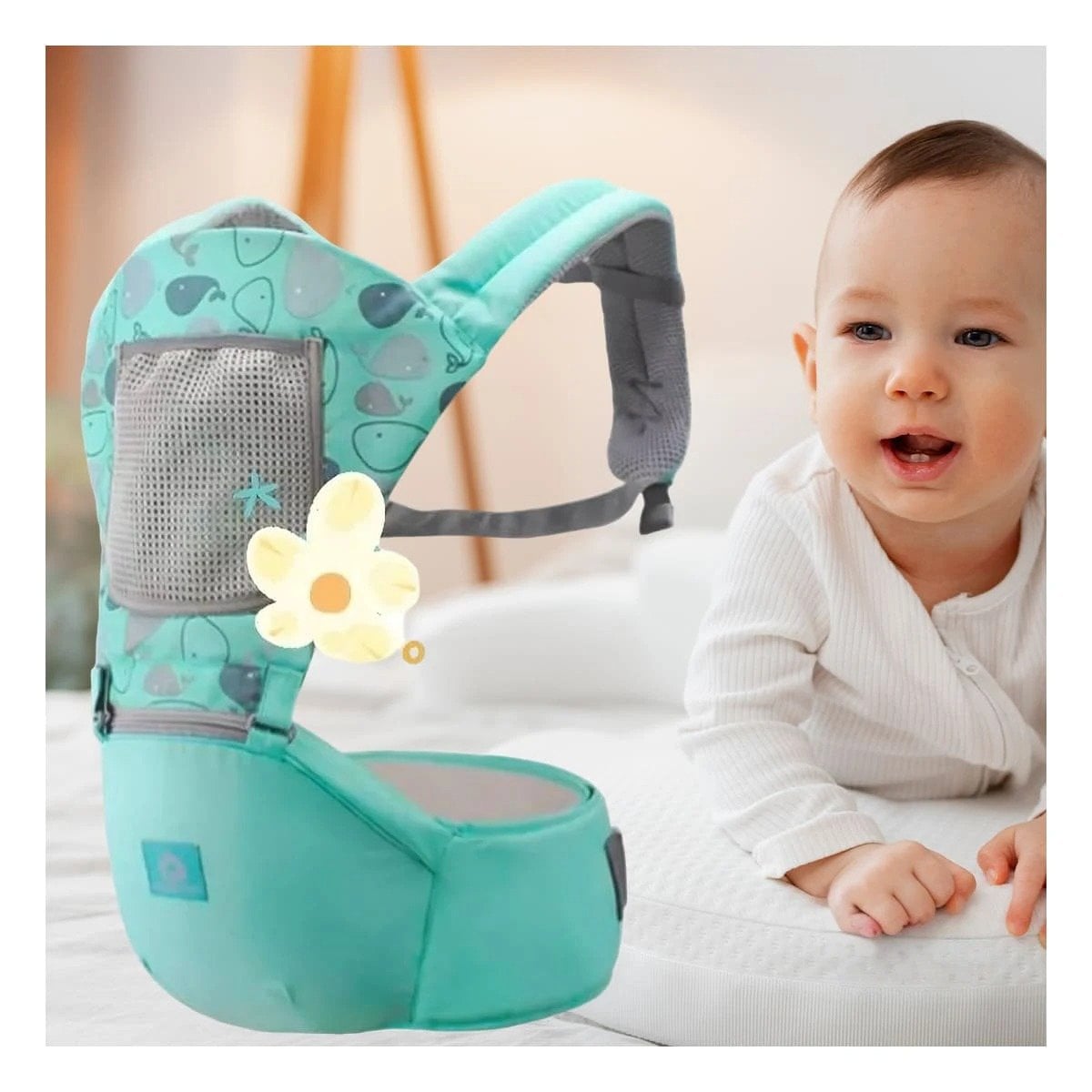PACK4 ASIENTO PORTABEBE MODELO BALLENITA PARA BEBE VERDE DE CINTURON AJUSTE - 3