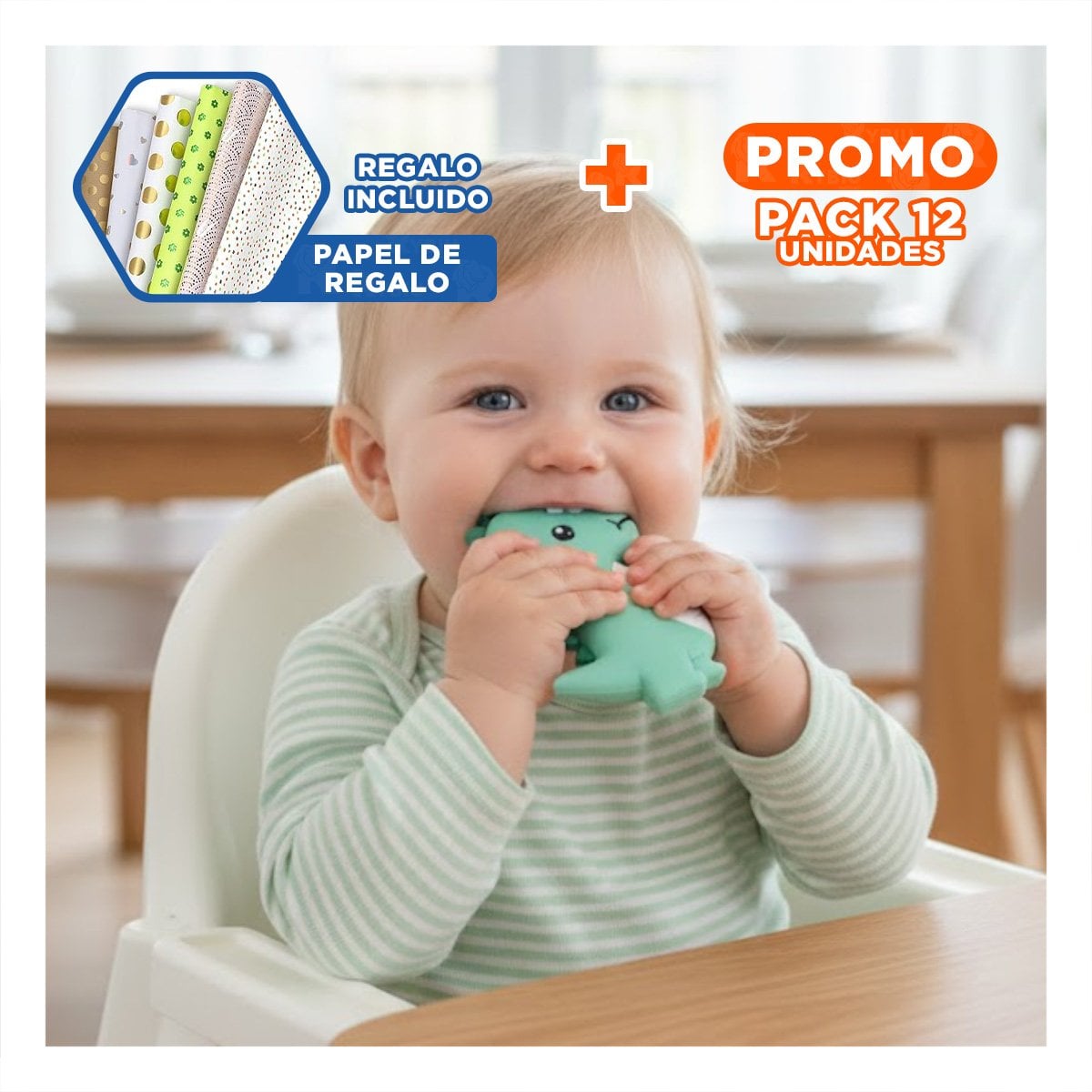 PACK12 JUGUETE SILICONA FORMA DINOSAURIO PARA BEBE VERDE CON FORMA ANIMAL Y+PAPEL REGALO - 1