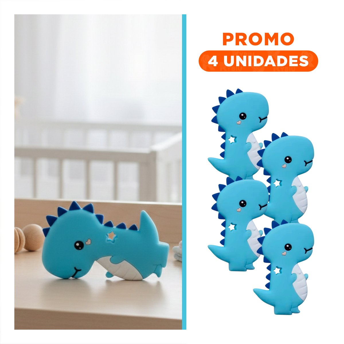 PACK4 LIMPIADOR SILICONA FORMA DINOSAURIO PARA BEBE AZUL PARA CUIDADO DIARIO Y+REGALO STICKER - 1