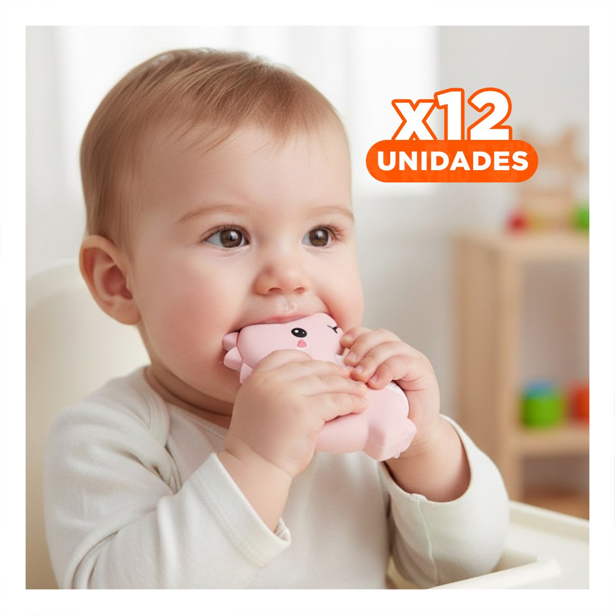 PACK12 ACCESORIO SILICONA MODELO DINOSAURIO PARA BEBE ROSADO PARA MASAJE BUCAL - 1