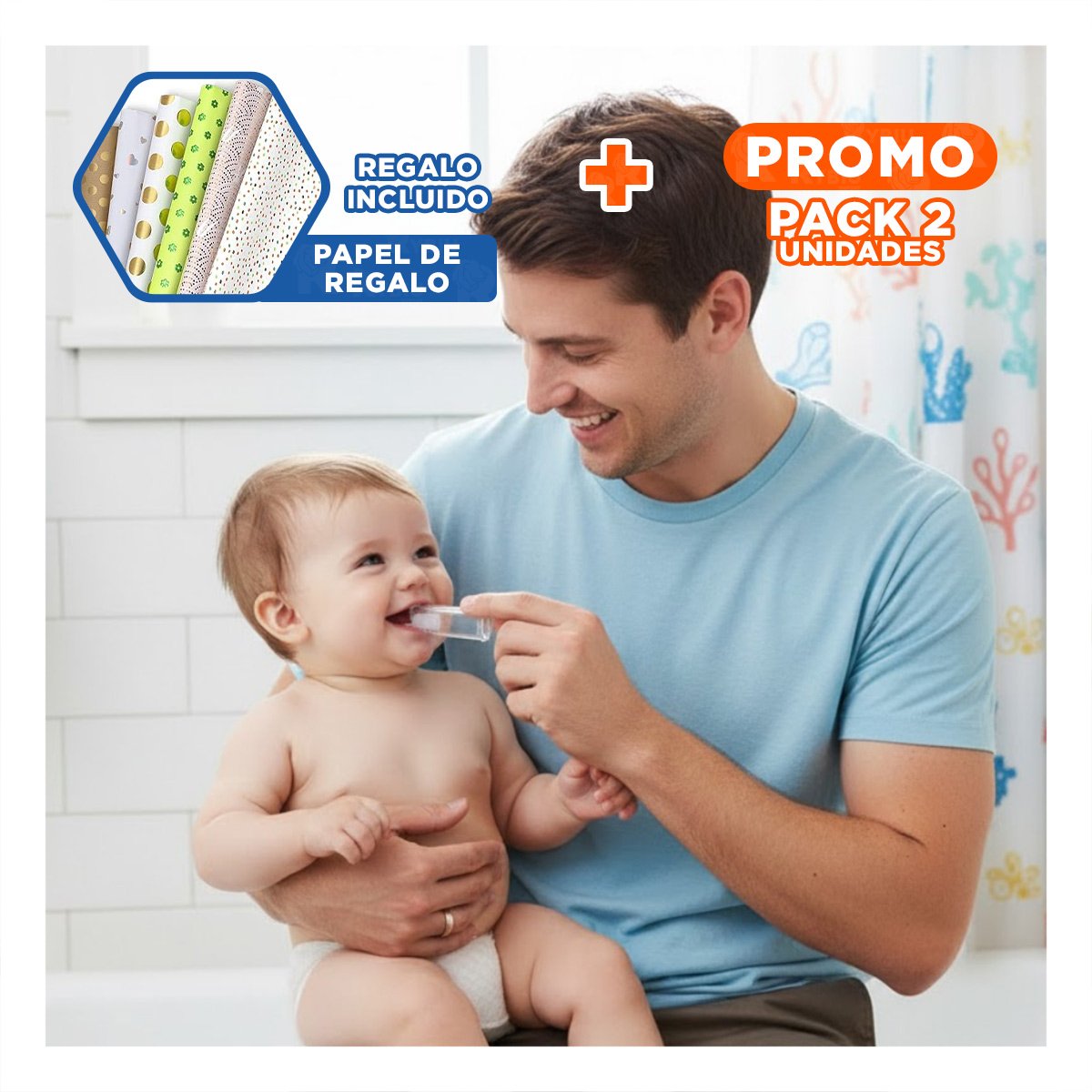 PACK2 MASAJEADOR SILICONA FORMA DEDAL PARA BEBE CON ESTUCHE AZUL DE NOVEDAD Y+PAPEL REGALO - 1