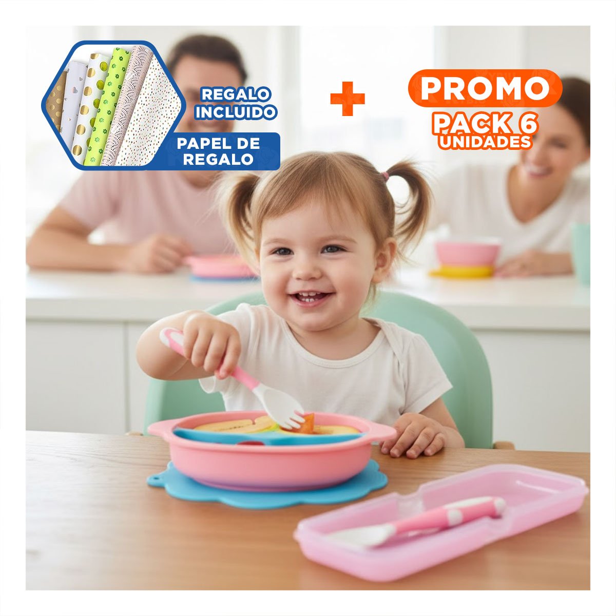 PACK6 JUEGO CUBIERTOS DISENO ANTIDESLIZANTE PARA BEBE ROSADO CON ESTUCHE Y+PAPEL REGALO - 1