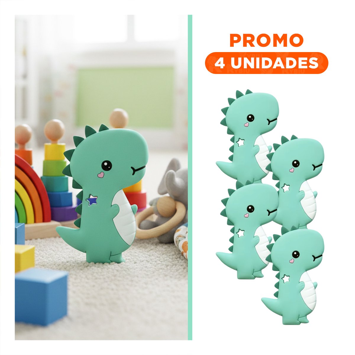 PACK4 JUGUETE SILICONA MODELO DINOSAURIO PARA BEBE VERDE DE RESISTENCIA ALTA Y+REGALO STICKER - 1