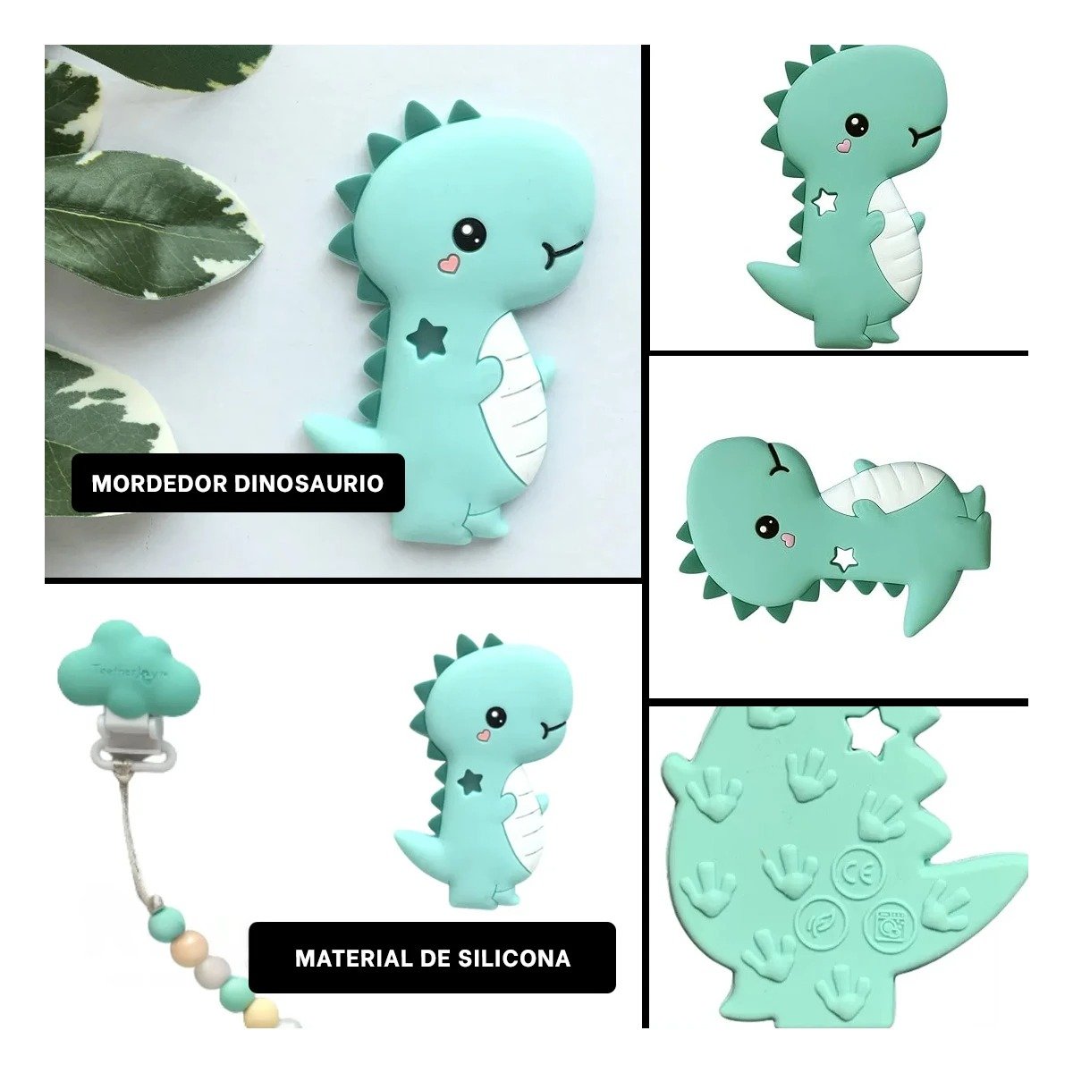 PACK4 JUGUETE SILICONA MODELO DINOSAURIO PARA BEBE VERDE DE RESISTENCIA ALTA Y+REGALO STICKER - 2