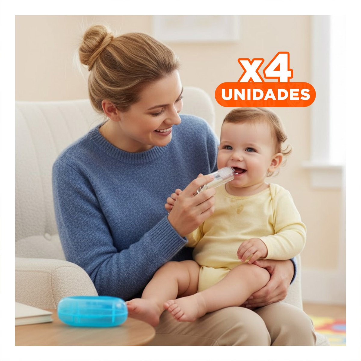 PACK4 CEPILLO SILICONA ESTILO DEDAL PARA BEBE CON ESTUCHE AZUL PARA JUGAR - 1